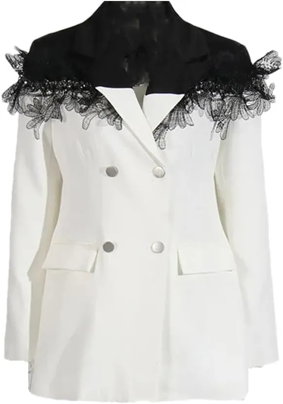 Women's Casual Lace Blazer High Stretch Stitching Double-Breasted Formal Blazer Coat