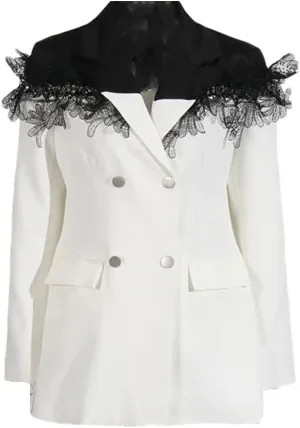 Women's Casual Lace Blazer High Stretch Stitching Double-Breasted Formal Blazer Coat