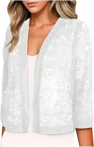 Women’s Casual Summer Lace Cardigan Half Sleeve Floral Crochet Shrug Sweater Lightweight Open-Front Cover Up for Dress
