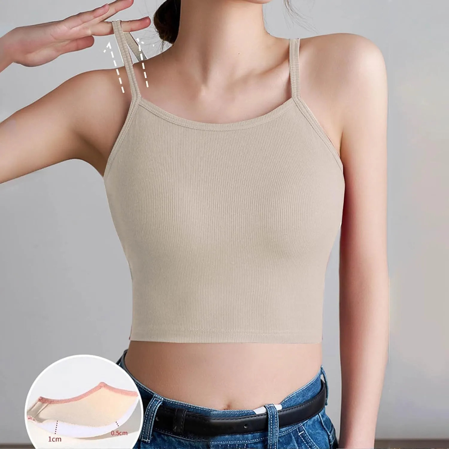Womens Crewneck Ribbed Knit Crop Tops with Padded Spaghetti Strap Sleeveless Back Cut Out Slim Stretch Casual Tank Top