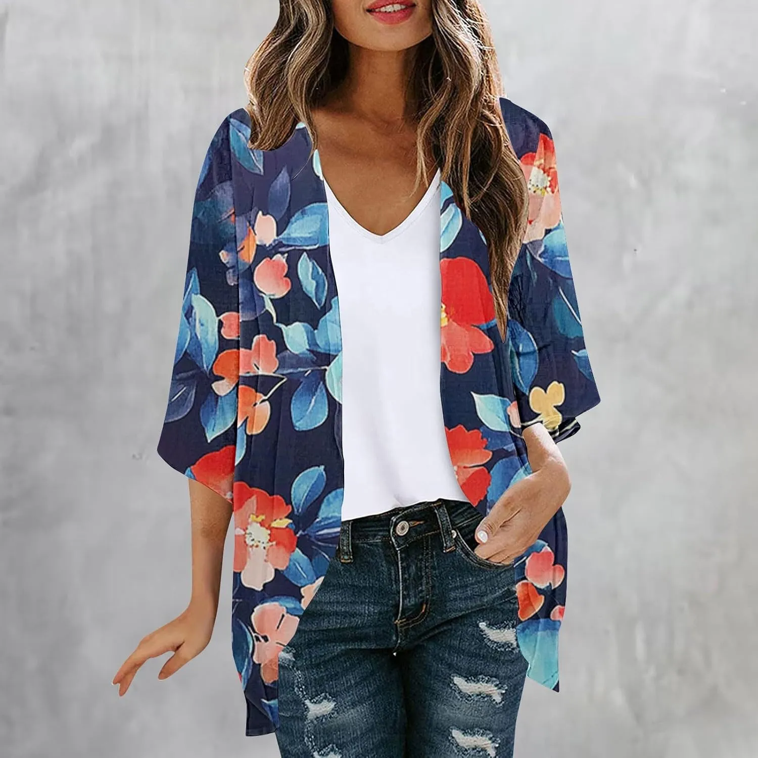 Women's Floral Cardigan Coverups Bohemian Kimono Loose Lightweight Cover Up Beach Swimsuit Chiffon Summer Rash Guard