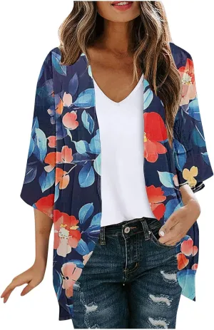 Women's Floral Cardigan Coverups Bohemian Kimono Loose Lightweight Cover Up Beach Swimsuit Chiffon Summer Rash Guard