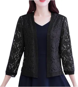 Women's Floral Lace Cardigan Long Sleeve Open Front Top Hollow-Out Crochet Cover Ups Plus Size Sheer Cropped Bolero