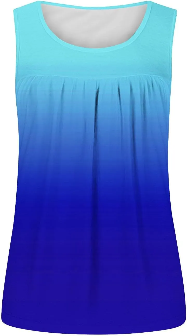 Women's Gradient Tank Tops Summer 2025 Sleeveless Round Neck Pleated Shirt Trendy Casual Loose Beach Vacation Outfits