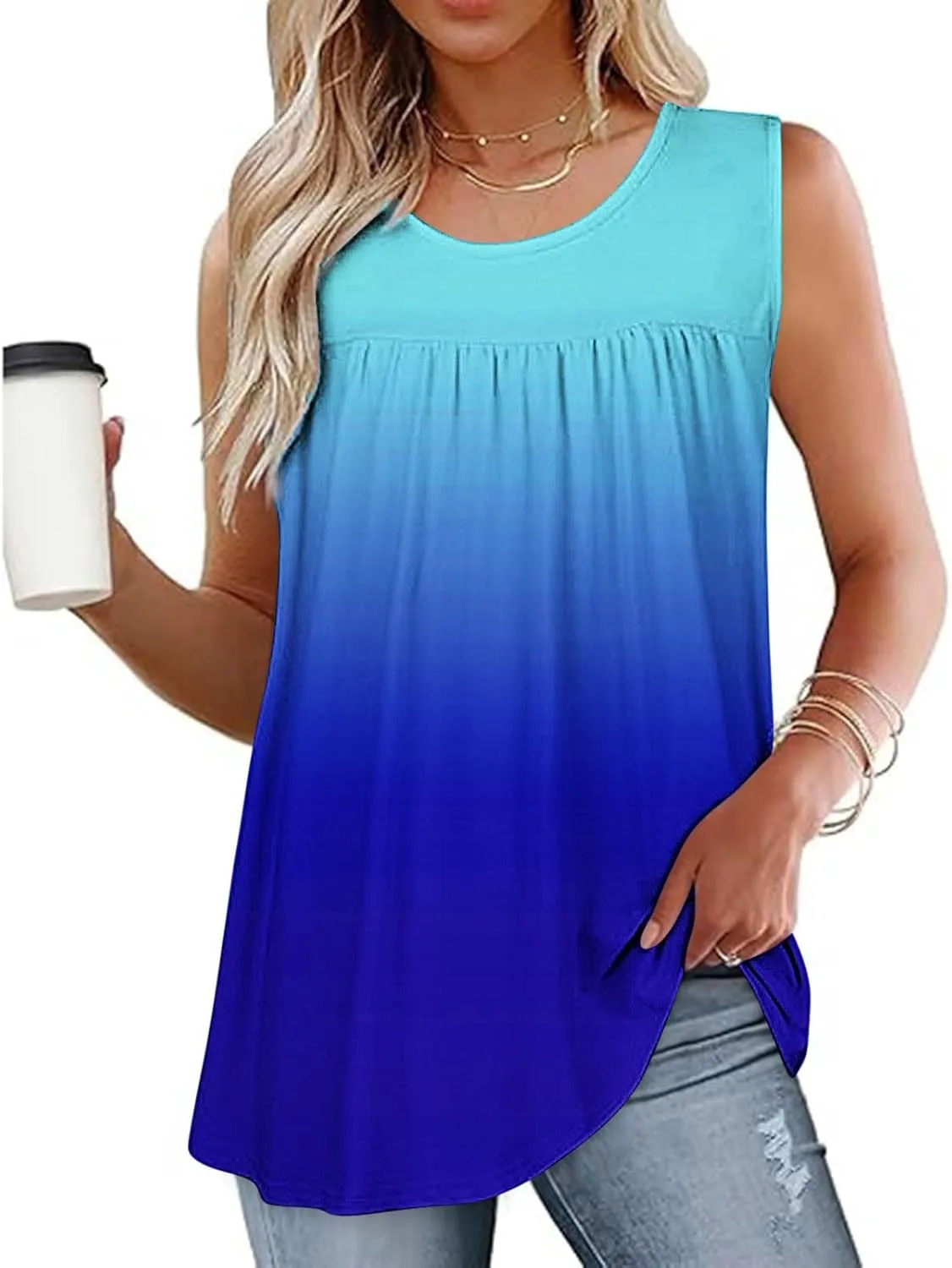 Women's Gradient Tank Tops Summer 2025 Sleeveless Round Neck Pleated Shirt Trendy Casual Loose Beach Vacation Outfits