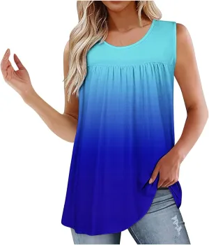 Women's Gradient Tank Tops Summer 2025 Sleeveless Round Neck Pleated Shirt Trendy Casual Loose Beach Vacation Outfits