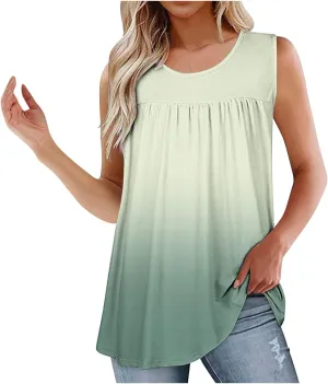 Women's Gradient Tank Tops Summer 2025 Sleeveless Round Neck Pleated Shirt Trendy Casual Loose Beach Vacation Outfits