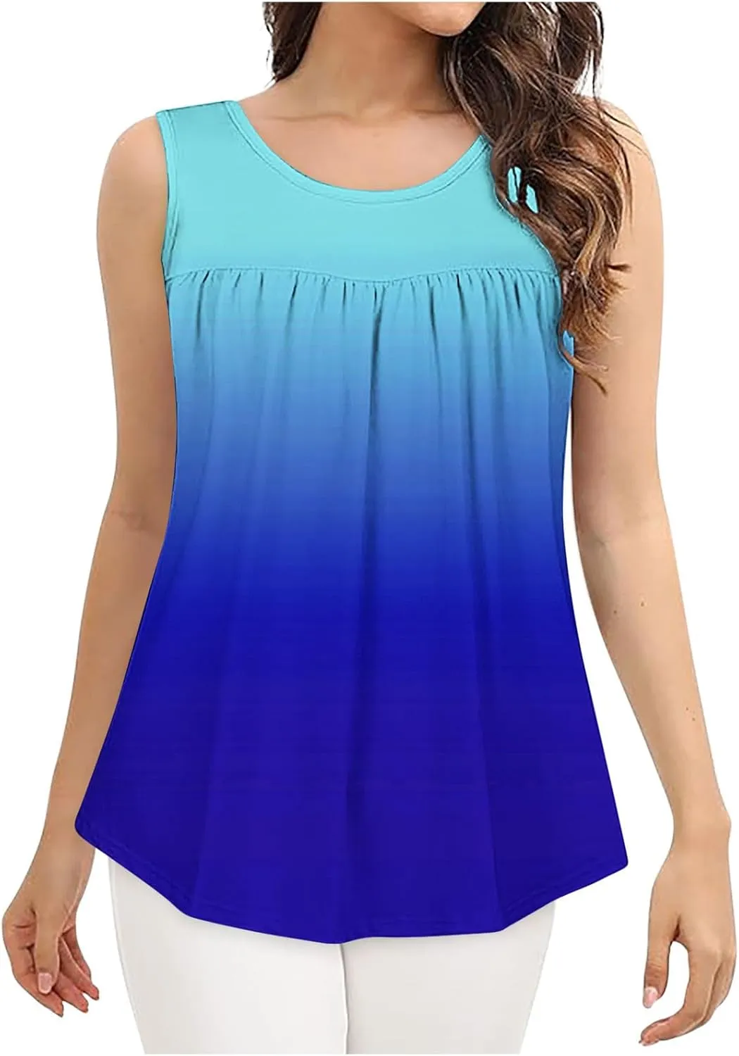Women's Gradient Tank Tops Summer 2025 Sleeveless Round Neck Pleated Shirt Trendy Casual Loose Beach Vacation Outfits