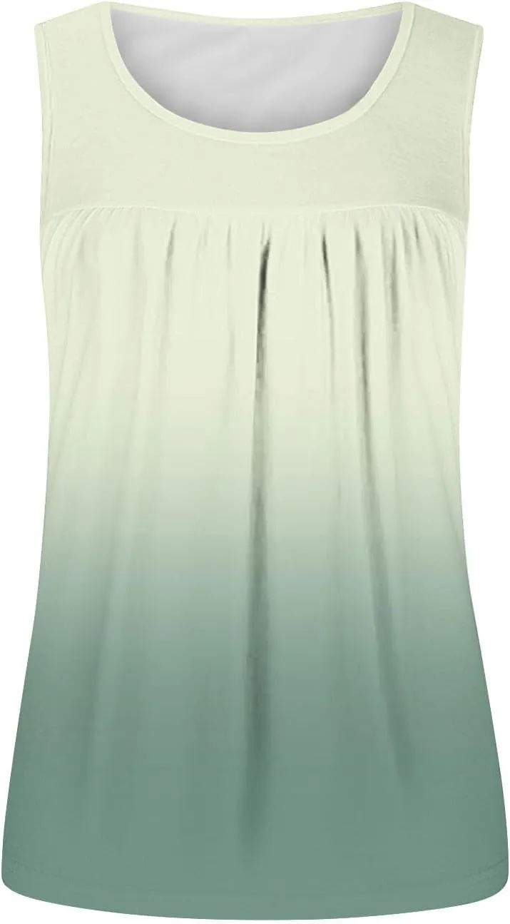 Women's Gradient Tank Tops Summer 2025 Sleeveless Round Neck Pleated Shirt Trendy Casual Loose Beach Vacation Outfits