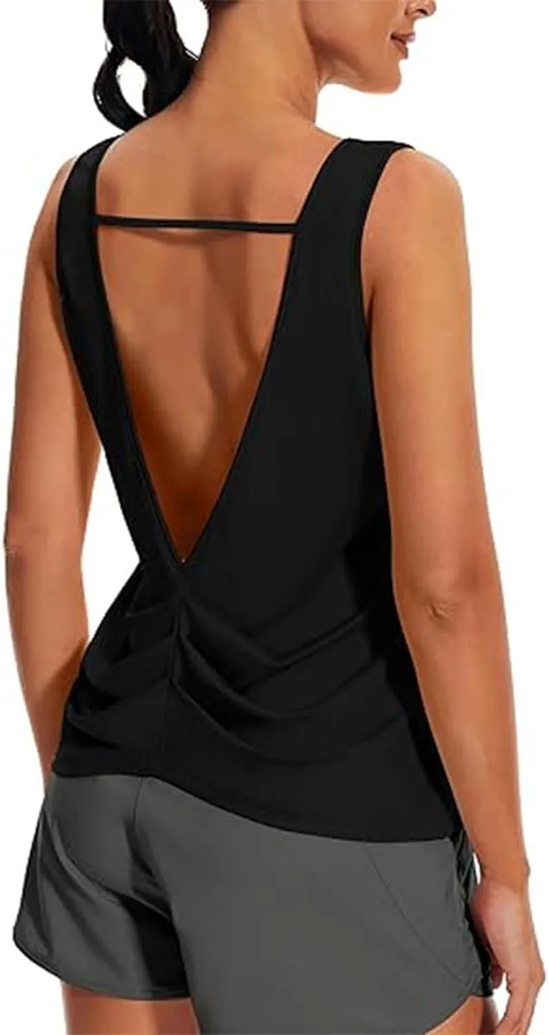 Women's Open Back Tank Tops Lightweight Sleeveless Workout Athletic Gym Yoga Shirts Running Quick Dry Pleated Tops