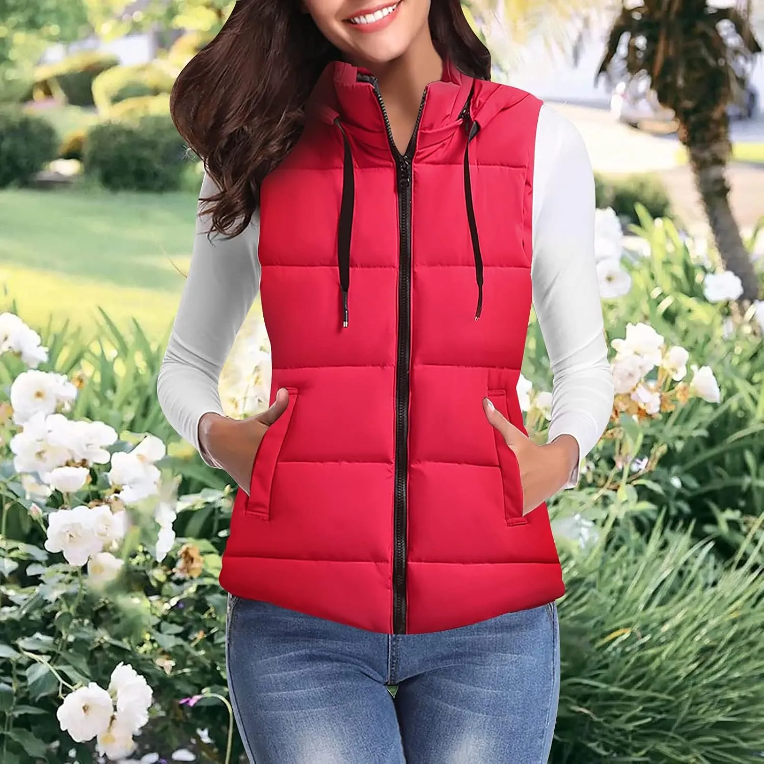 Womens Puffer Vest One Morality Warm V Neck Thin Down Vest Inside Hooded Puffer Vest Women'S Outerwear Vests Zip Up