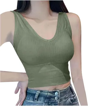 Women's Ribbed Knit Athletic Tank Tops Summer Sleeveless V Neck Stretch Basic Shirts with Padded Workout Crop Tops