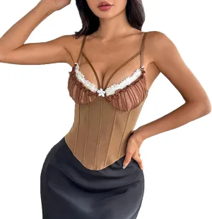 Women's Sexy Sleeveless Corsets Top Ruffled Lace Trim Deep V Neck Bustier Adjustable Straps Trendy Going Out Crop Tops