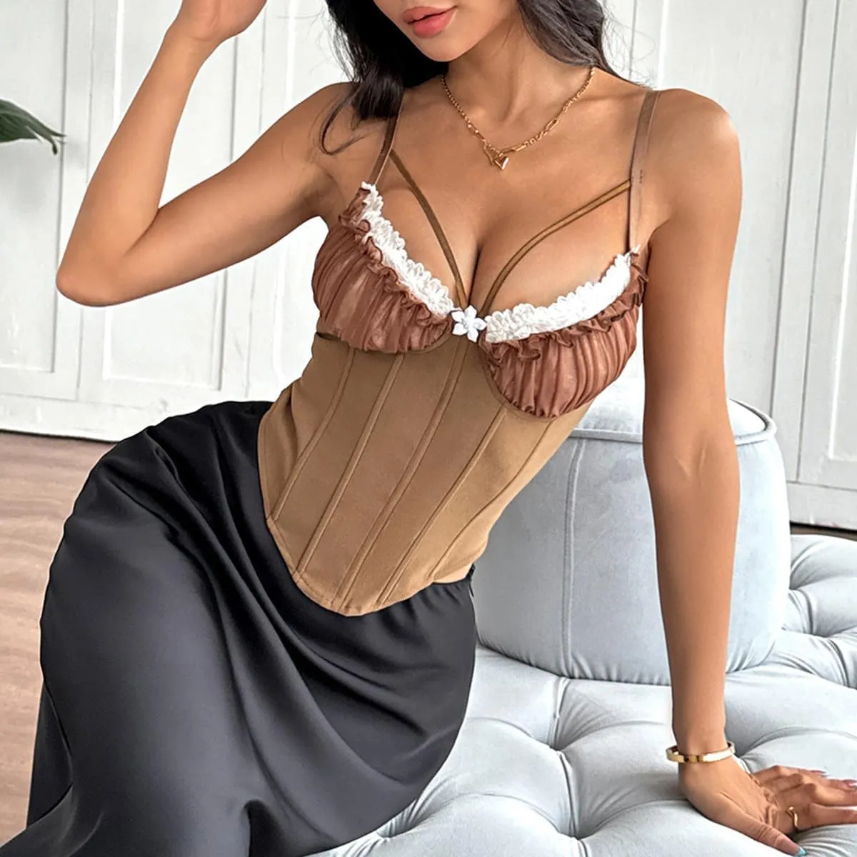Women's Sexy Sleeveless Corsets Top Ruffled Lace Trim Deep V Neck Bustier Adjustable Straps Trendy Going Out Crop Tops