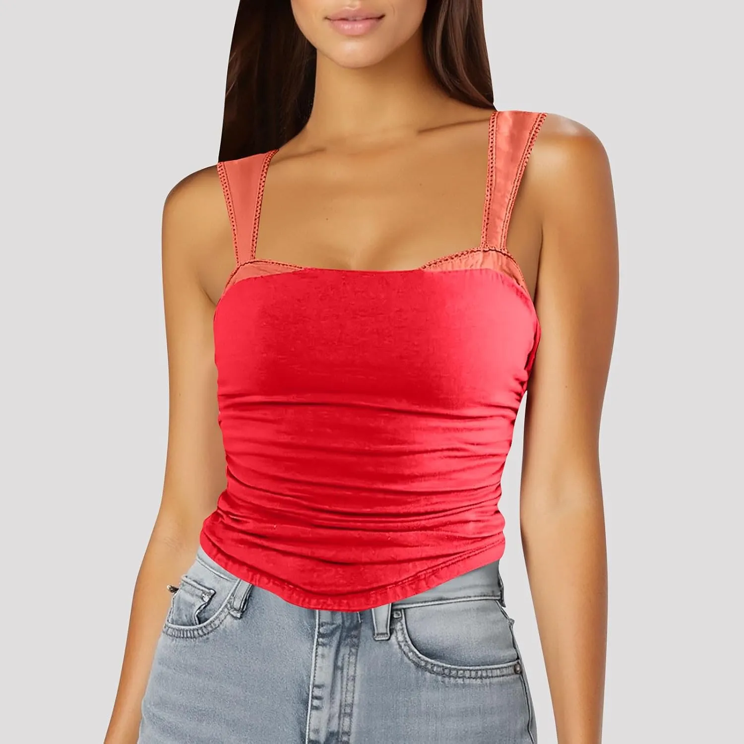 Women's Sexy Sleeveless Ruched Tank Tops Color Block Slim Stretch Trendy Going Out Trendy Shirts Y2K Summer Outfits