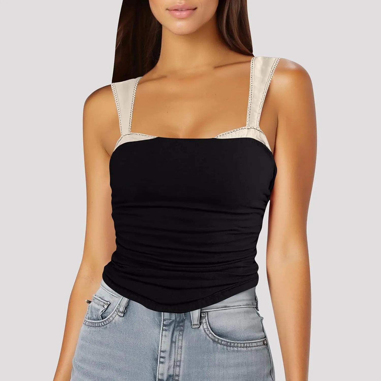 Women's Sexy Sleeveless Ruched Tank Tops Color Block Slim Stretch Trendy Going Out Trendy Shirts Y2K Summer Outfits