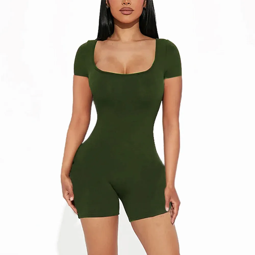 Women's Sexy Solid Short Sleeve Crew Neck Bodycon Jumpsuit