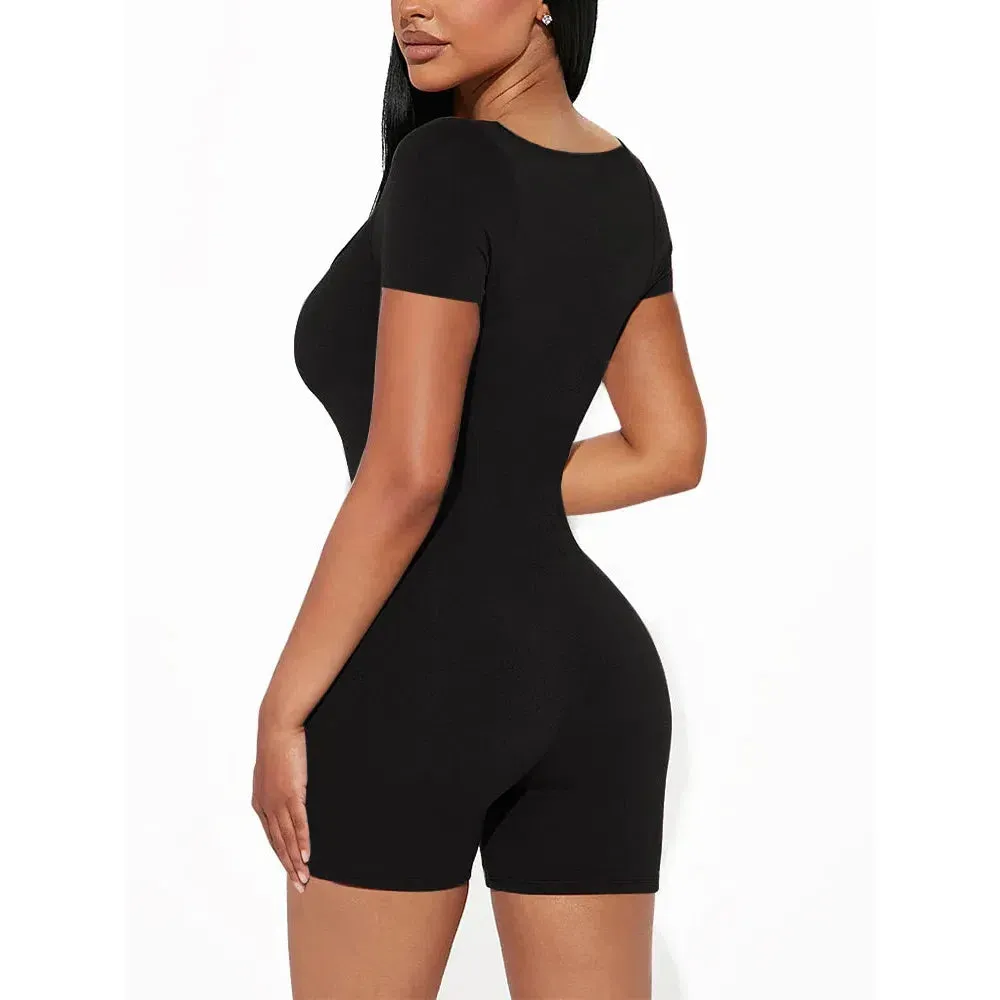 Women's Sexy Solid Short Sleeve Crew Neck Bodycon Jumpsuit