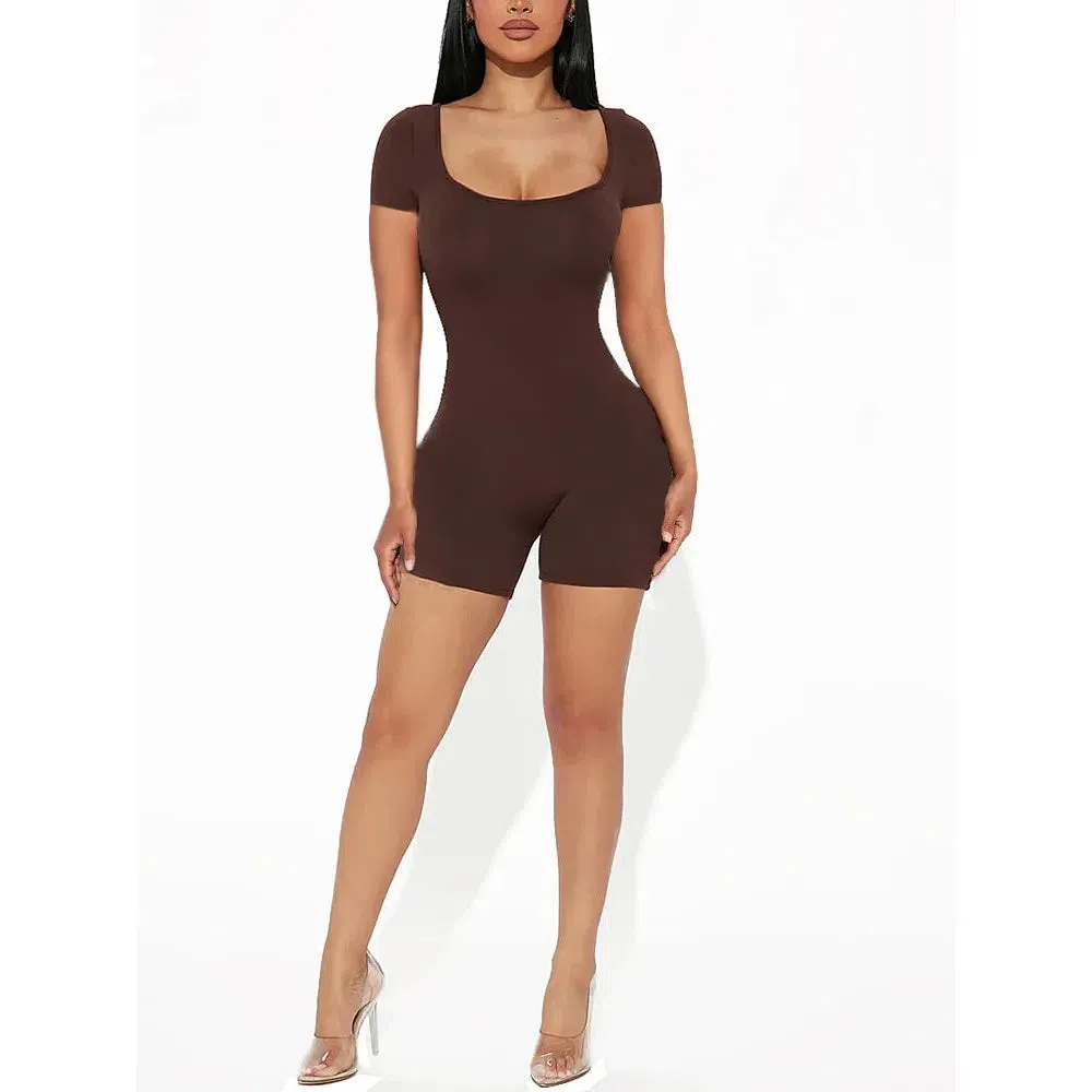 Women's Sexy Solid Short Sleeve Crew Neck Bodycon Jumpsuit