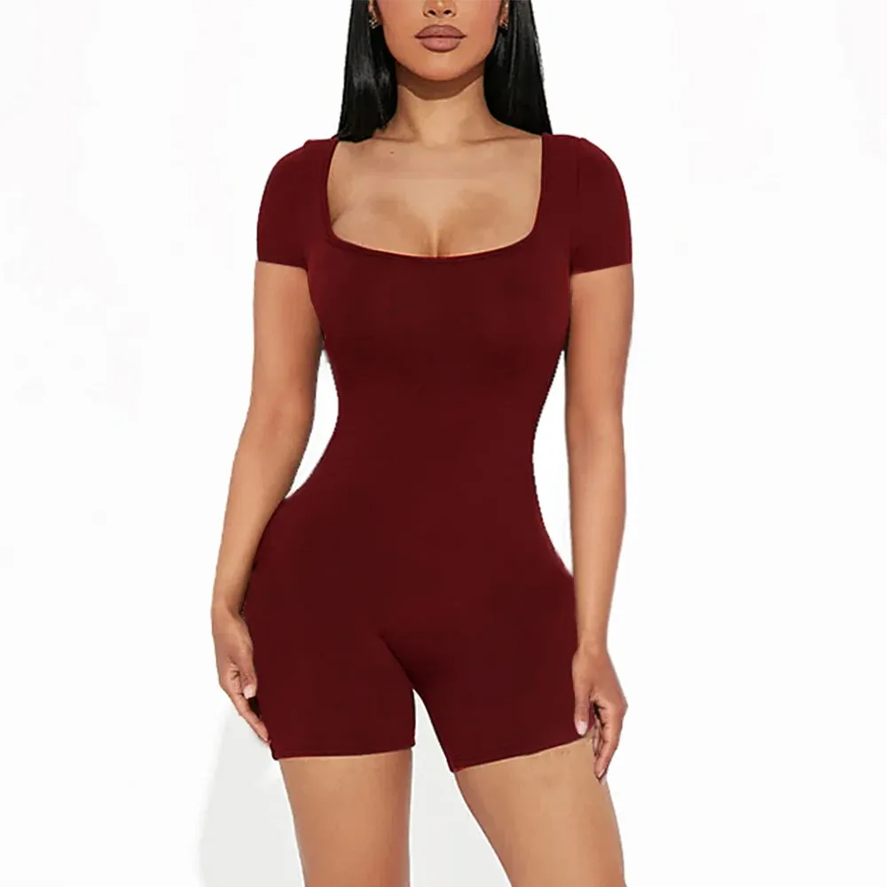 Women's Sexy Solid Short Sleeve Crew Neck Bodycon Jumpsuit