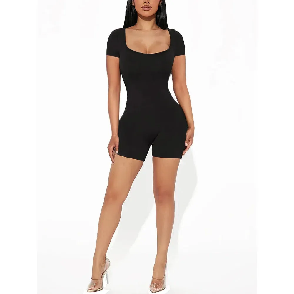 Women's Sexy Solid Short Sleeve Crew Neck Bodycon Jumpsuit