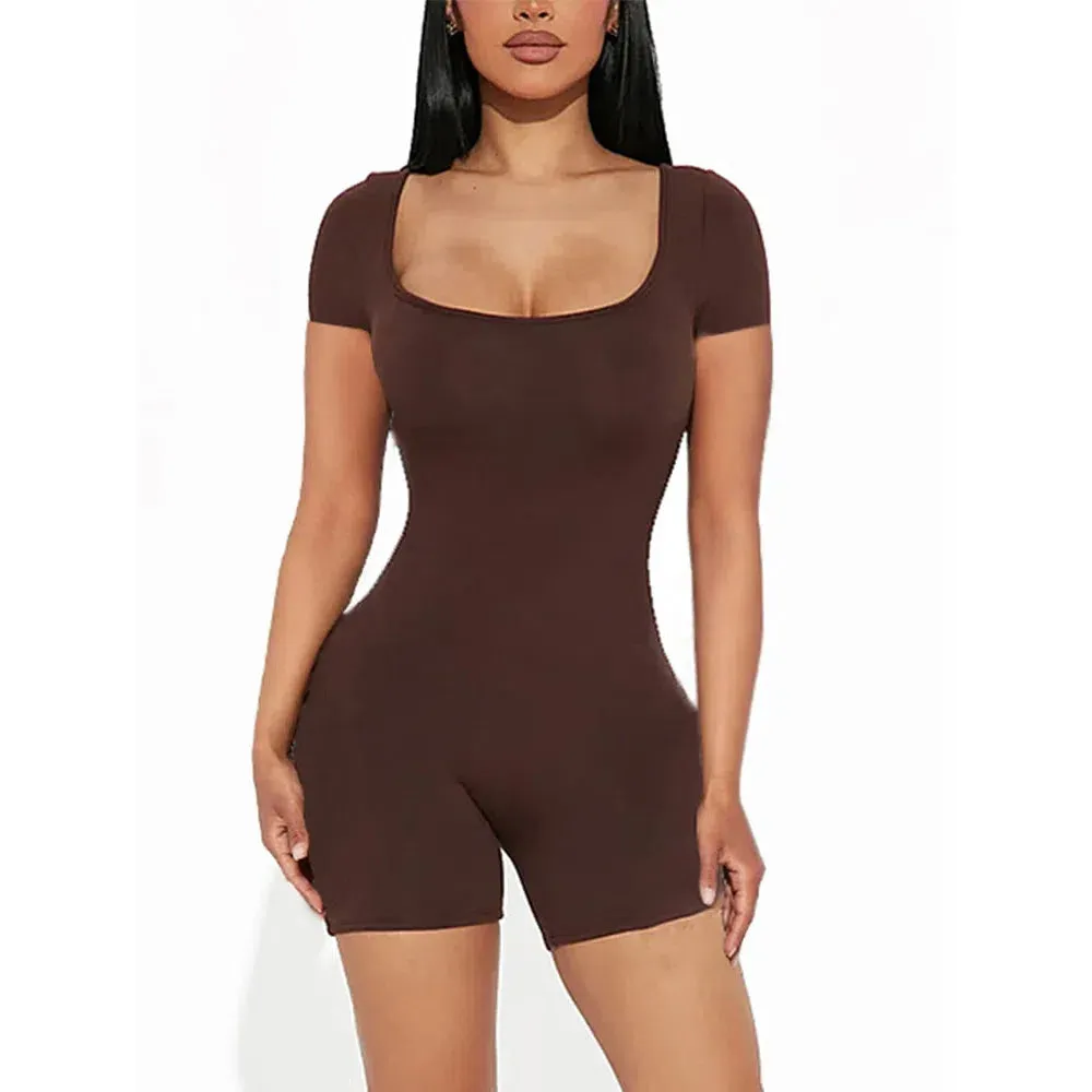 Women's Sexy Solid Short Sleeve Crew Neck Bodycon Jumpsuit