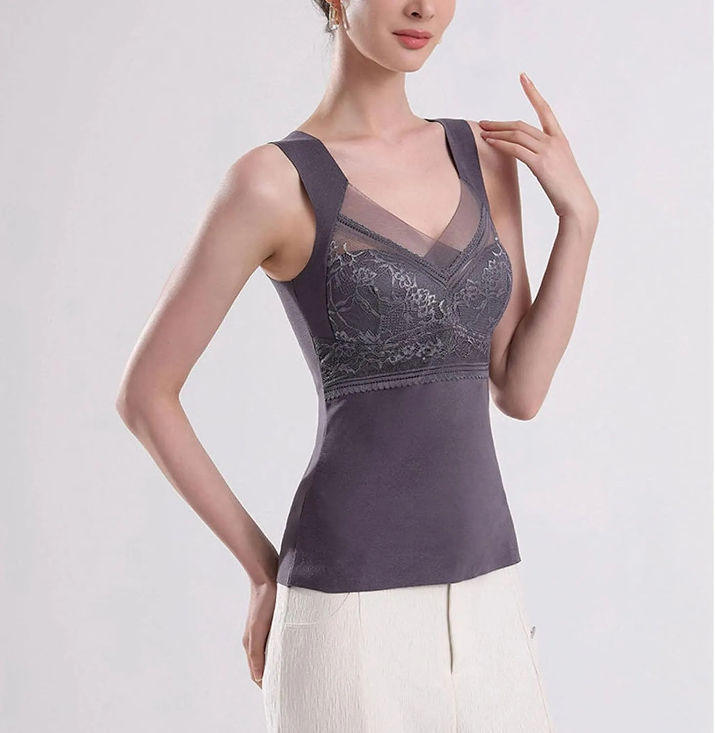 Womens Sleeveless Thermal Tank Tops Comfy Lace Warm Camisole Basic Thin Comfy Underwear Fall Baselayer V Neck Vest