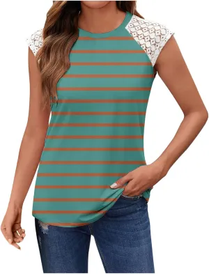 Women's Striped Lace Patchwork Tank Tops Round Neck Sleeveless Shirts Summer Casual Color Block Vacation Beach Tees