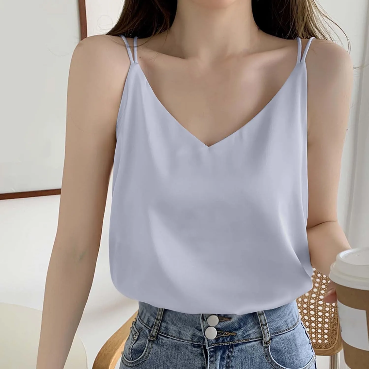 Women's Summer Chiffon Tank Tops Solid V Neck Sleeveless Cami Blouses Trendy Shirts Casual Loose Beach Vacation 2025