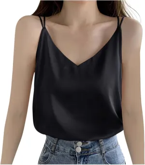 Women's Summer Chiffon Tank Tops Solid V Neck Sleeveless Cami Blouses Trendy Shirts Casual Loose Beach Vacation 2025