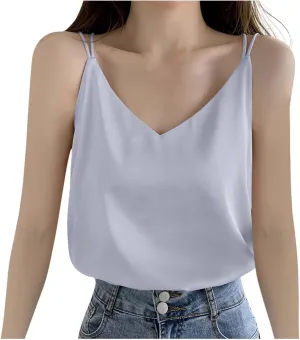 Women's Summer Chiffon Tank Tops Solid V Neck Sleeveless Cami Blouses Trendy Shirts Casual Loose Beach Vacation 2025