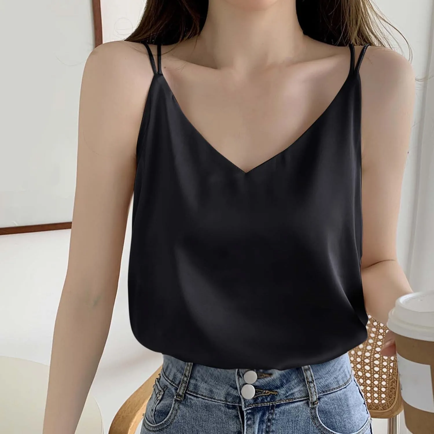 Women's Summer Chiffon Tank Tops Solid V Neck Sleeveless Cami Blouses Trendy Shirts Casual Loose Beach Vacation 2025