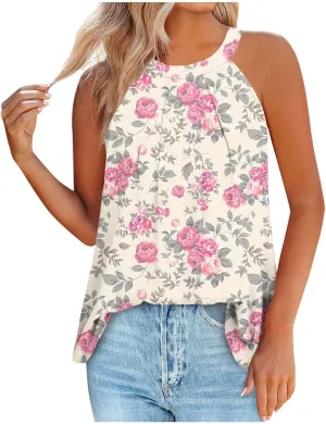 Womens Summer Halter Neck Printed Tank Tops Fashion Round Neck Pullover Blouse Casual Round Neck Strap Tee Tops