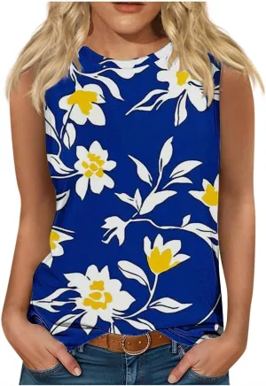 Womens Summer Tank Top Trendy Floral Print Loose Roundneck T Shirts Sleeveless Casual Lightweight Trendy Tunic Blouse