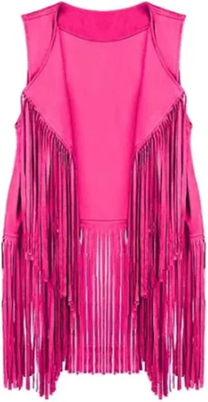Womens Tassel Vest 70s Hippie Faux Suede Sleeveless Fringe Jacket Vintage Open Front Cardigan Waistcoat Outwear Tops