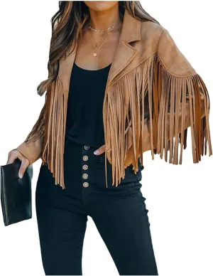 Womens Tassel Vest 70s Hippie Faux Suede Sleeveless Fringe Jacket Vintage Open Front Cardigan Waistcoat Outwear Tops