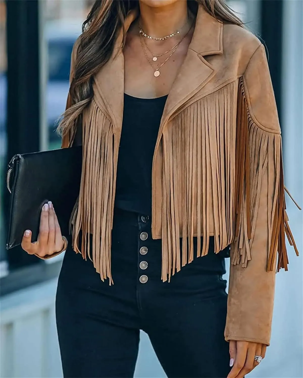 Womens Tassel Vest 70s Hippie Faux Suede Sleeveless Fringe Jacket Vintage Open Front Cardigan Waistcoat Outwear Tops