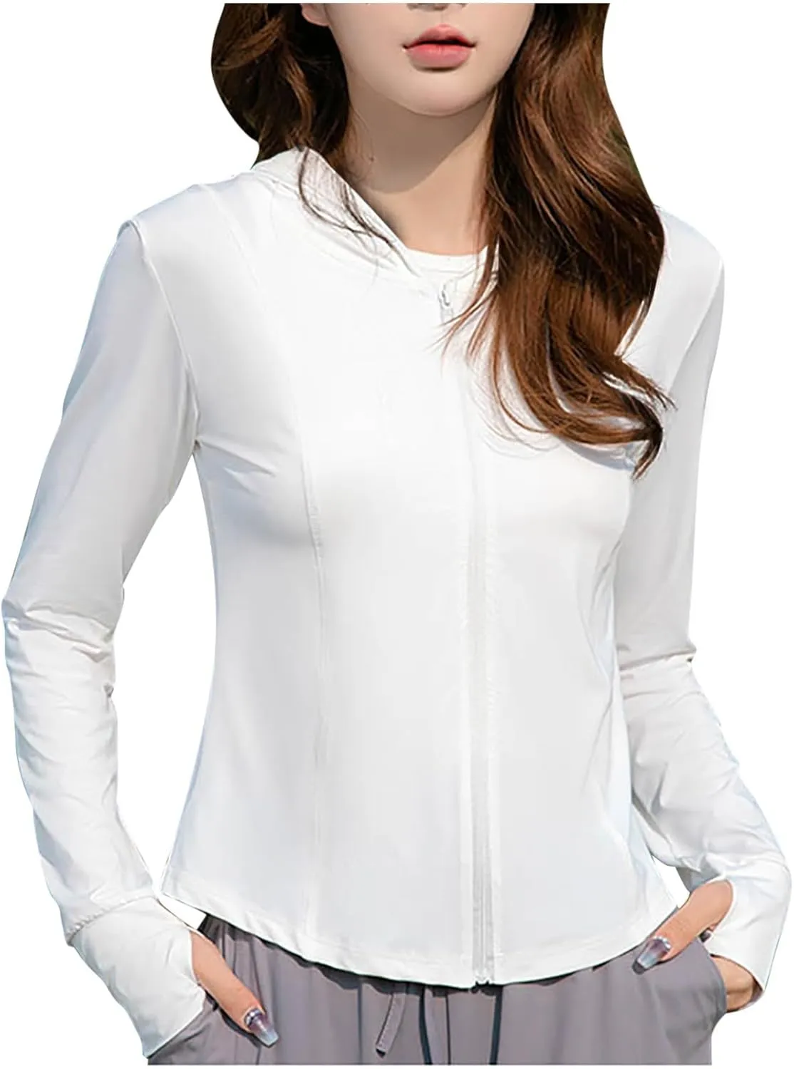 Women's UPF 50  Long Sleeve Thumbholes Hood Sun Shirt Summer Slim Fashion Solid Breathable Quick Dry Outdoor Jacket