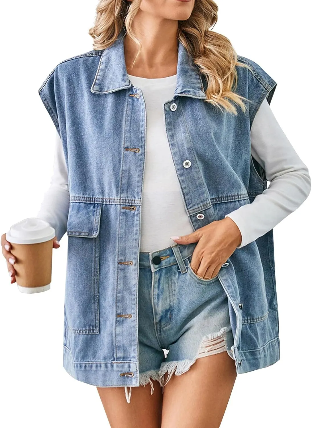Womens Vintage Denim Jean Vest Oversized Button Down Sleeveless Lapel Collar Waistcoat Jean Vest Top with Pockets