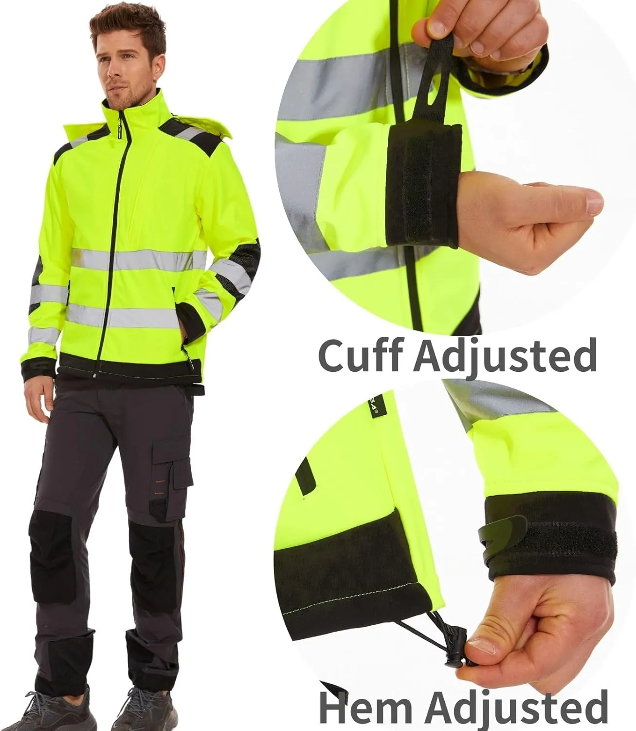 WORK IDEA Men's Reflective Jacket Softshell High Visibility Jacket Fleece Lined Hi-Vis Waterproof Hoodie Winter