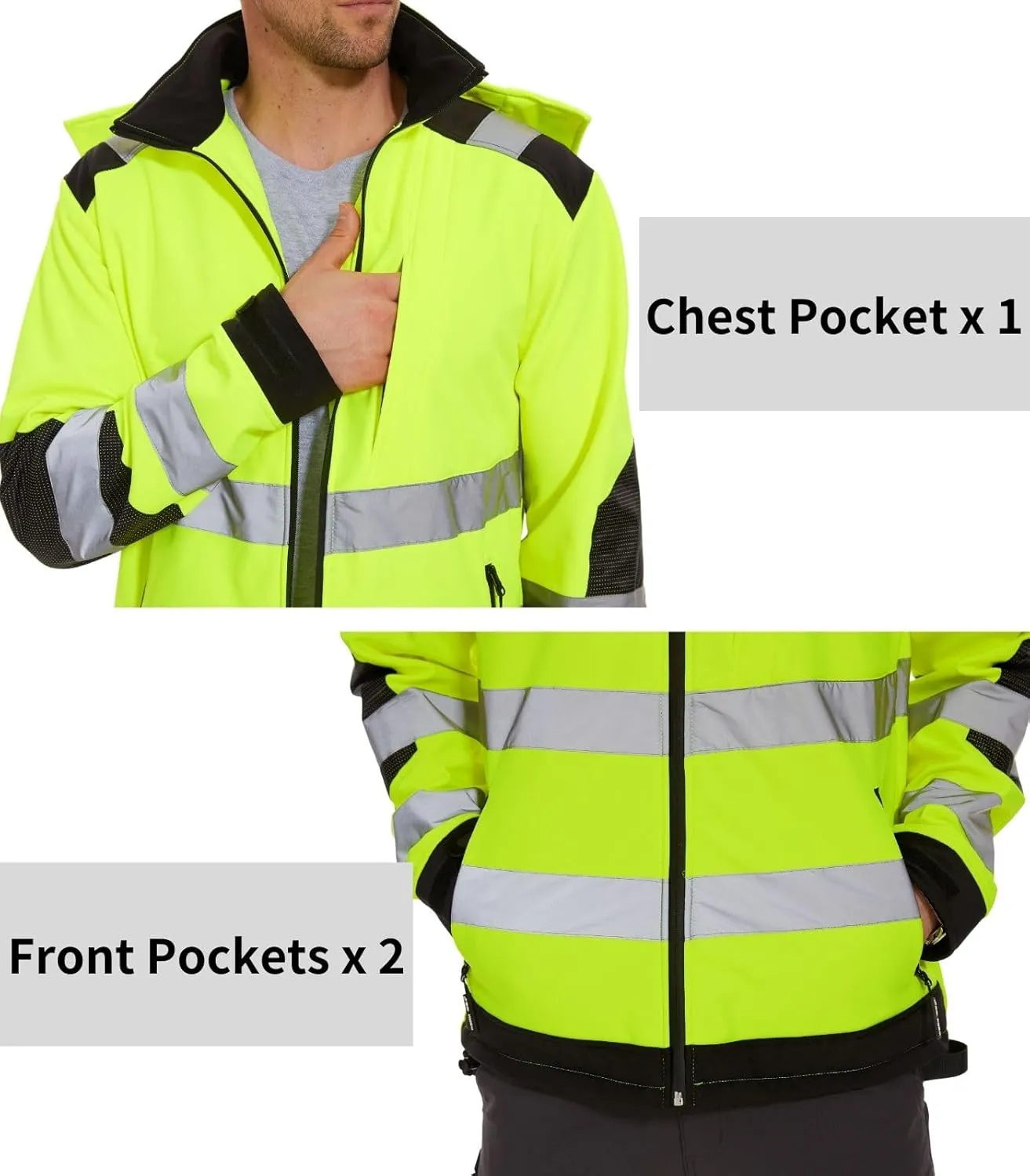 WORK IDEA Men's Reflective Jacket Softshell High Visibility Jacket Fleece Lined Hi-Vis Waterproof Hoodie Winter