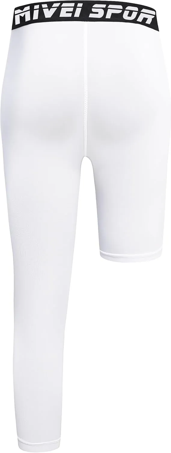 Youth Boys One Leg Compression Pants - 3/4 Kids Basketball Tights Girls Football Soccer Leggings Sports Base Layer