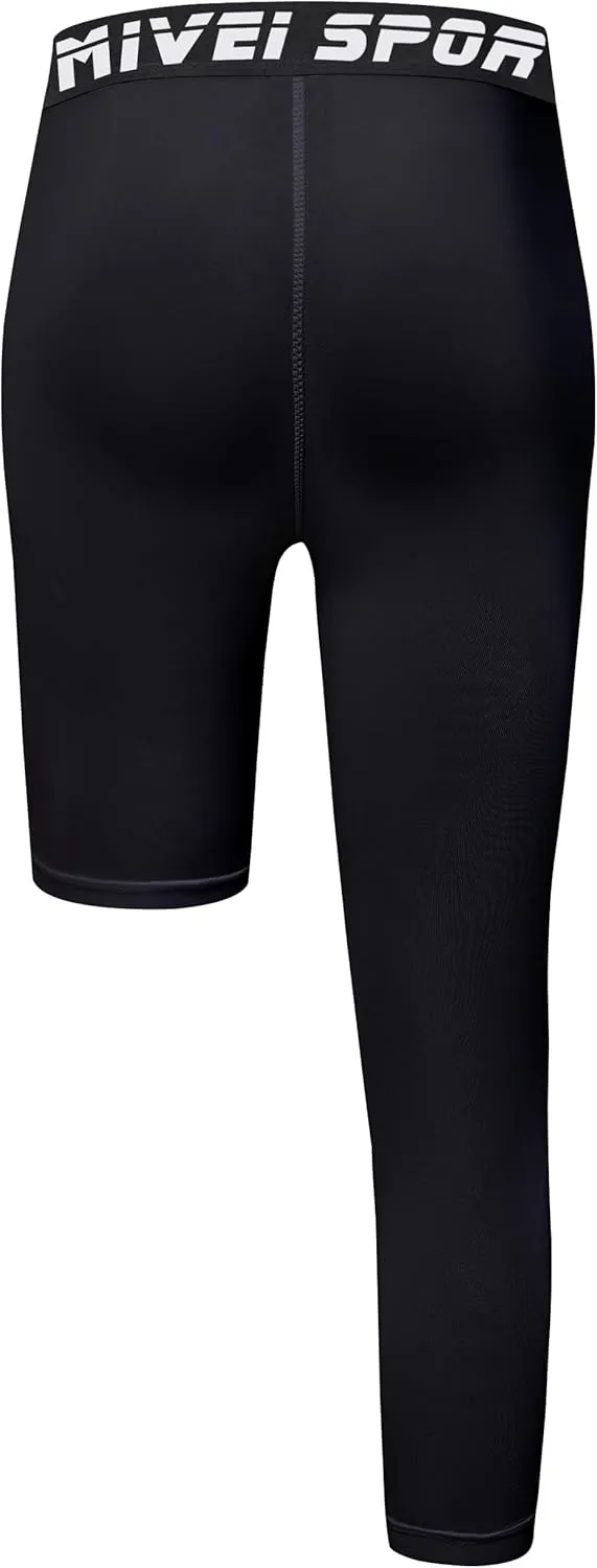Youth Boys One Leg Compression Pants - 3/4 Kids Basketball Tights Girls Football Soccer Leggings Sports Base Layer