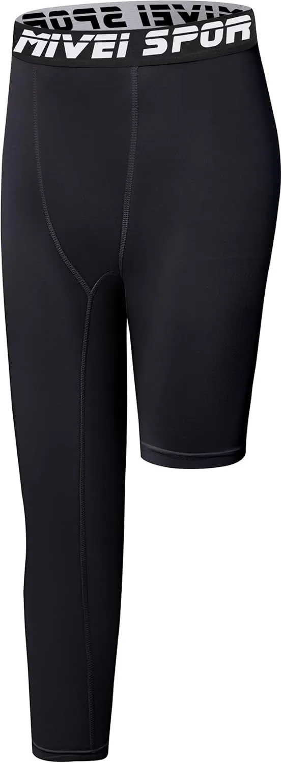Youth Boys One Leg Compression Pants - 3/4 Kids Basketball Tights Girls Football Soccer Leggings Sports Base Layer