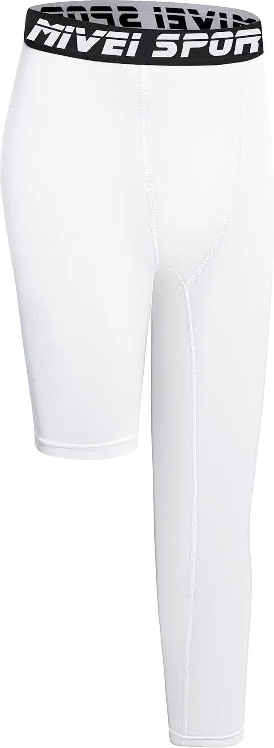 Youth Boys One Leg Compression Pants - 3/4 Kids Basketball Tights Girls Football Soccer Leggings Sports Base Layer