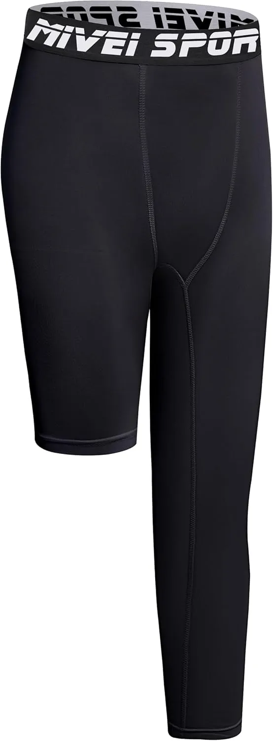 Youth Boys One Leg Compression Pants - 3/4 Kids Basketball Tights Girls Football Soccer Leggings Sports Base Layer