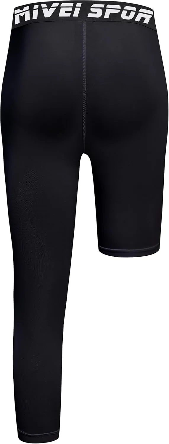 Youth Boys One Leg Compression Pants - 3/4 Kids Basketball Tights Girls Football Soccer Leggings Sports Base Layer